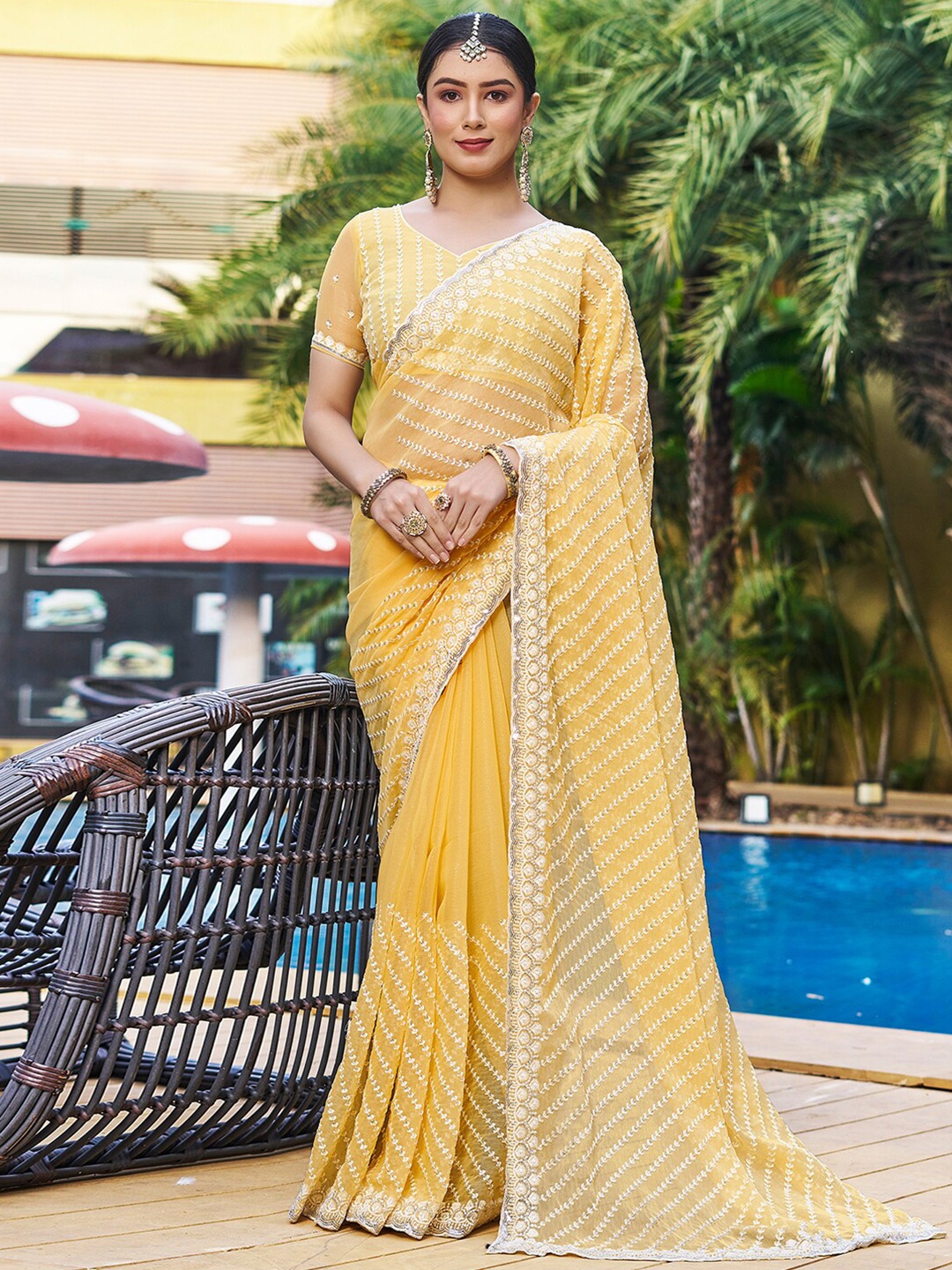 

Satrani Striped Embroidered Chiffon Fusion Saree, Yellow