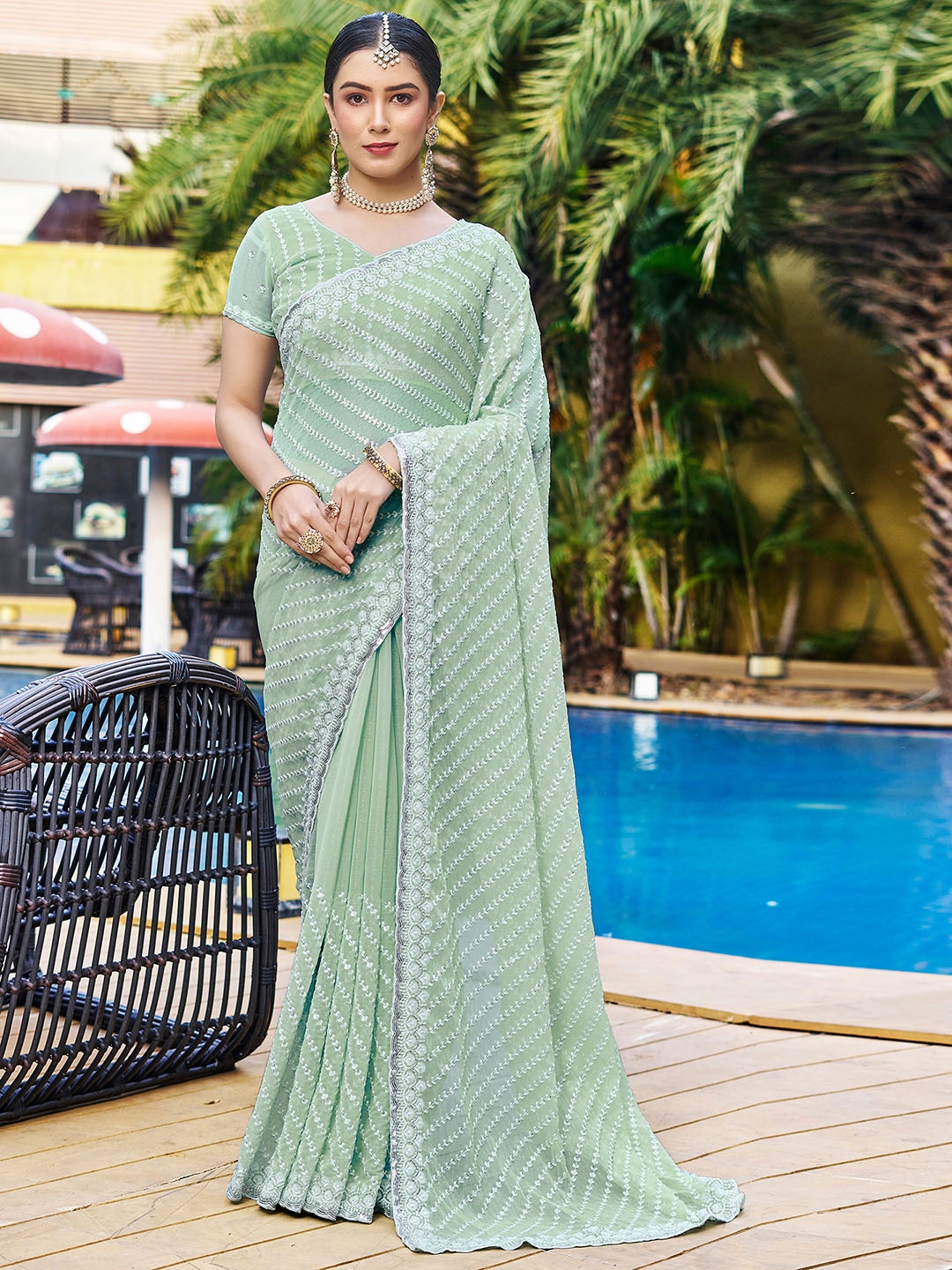 

Satrani Striped Embroidered Chiffon Fusion Saree, Green