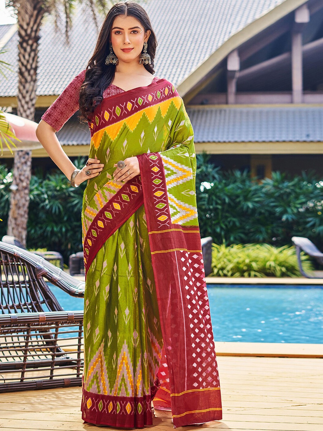 

Satrani Printed Ready to Wear Saree, Green