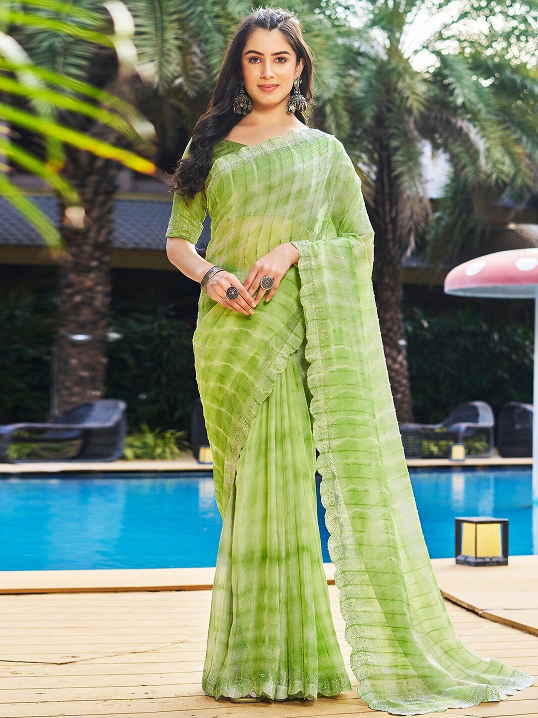 

Satrani Striped Zari Chiffon Fusion Saree, Green