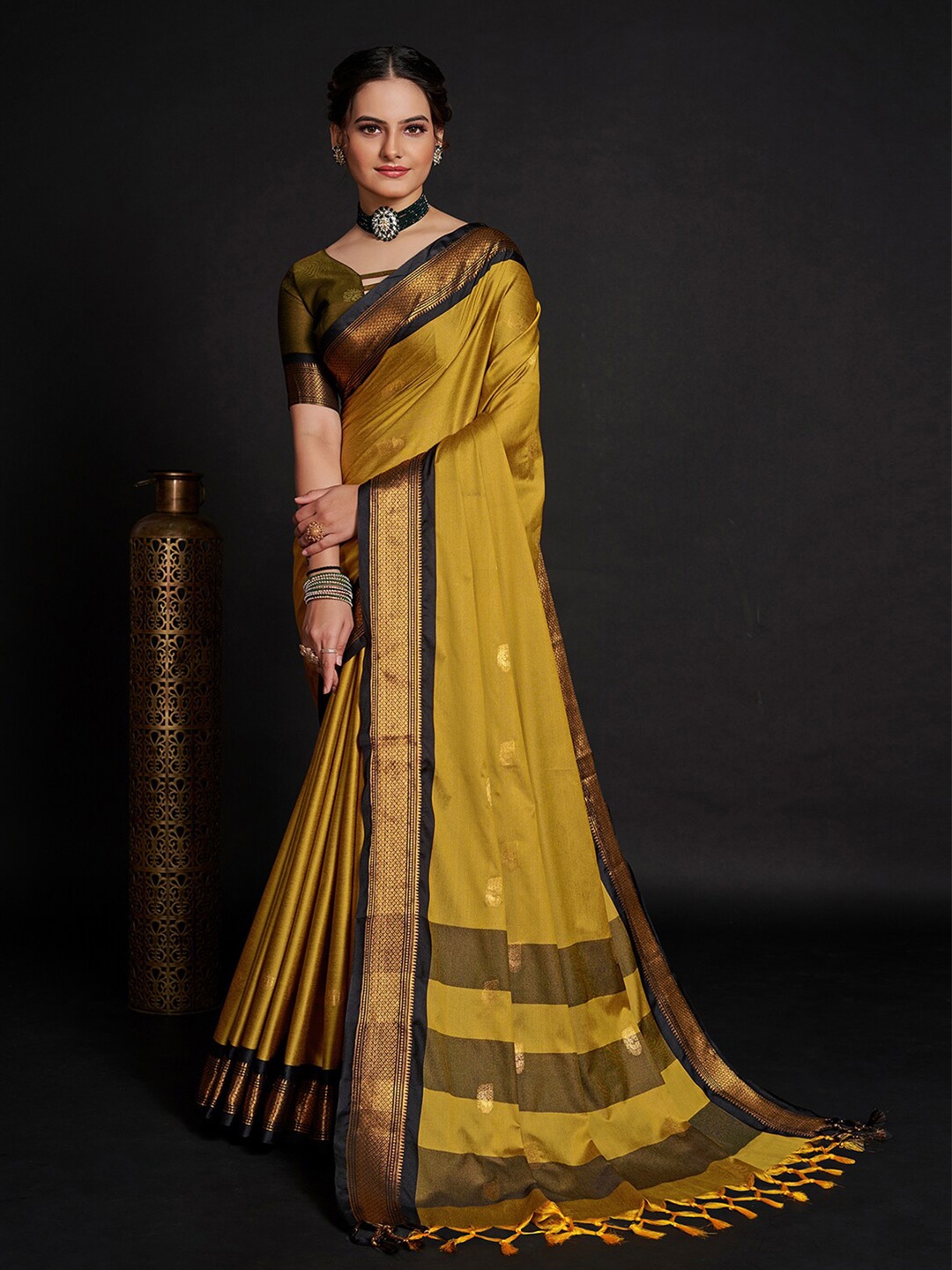 

Mitera Zari Silk Cotton Fusion Saree with Tassels, Mustard