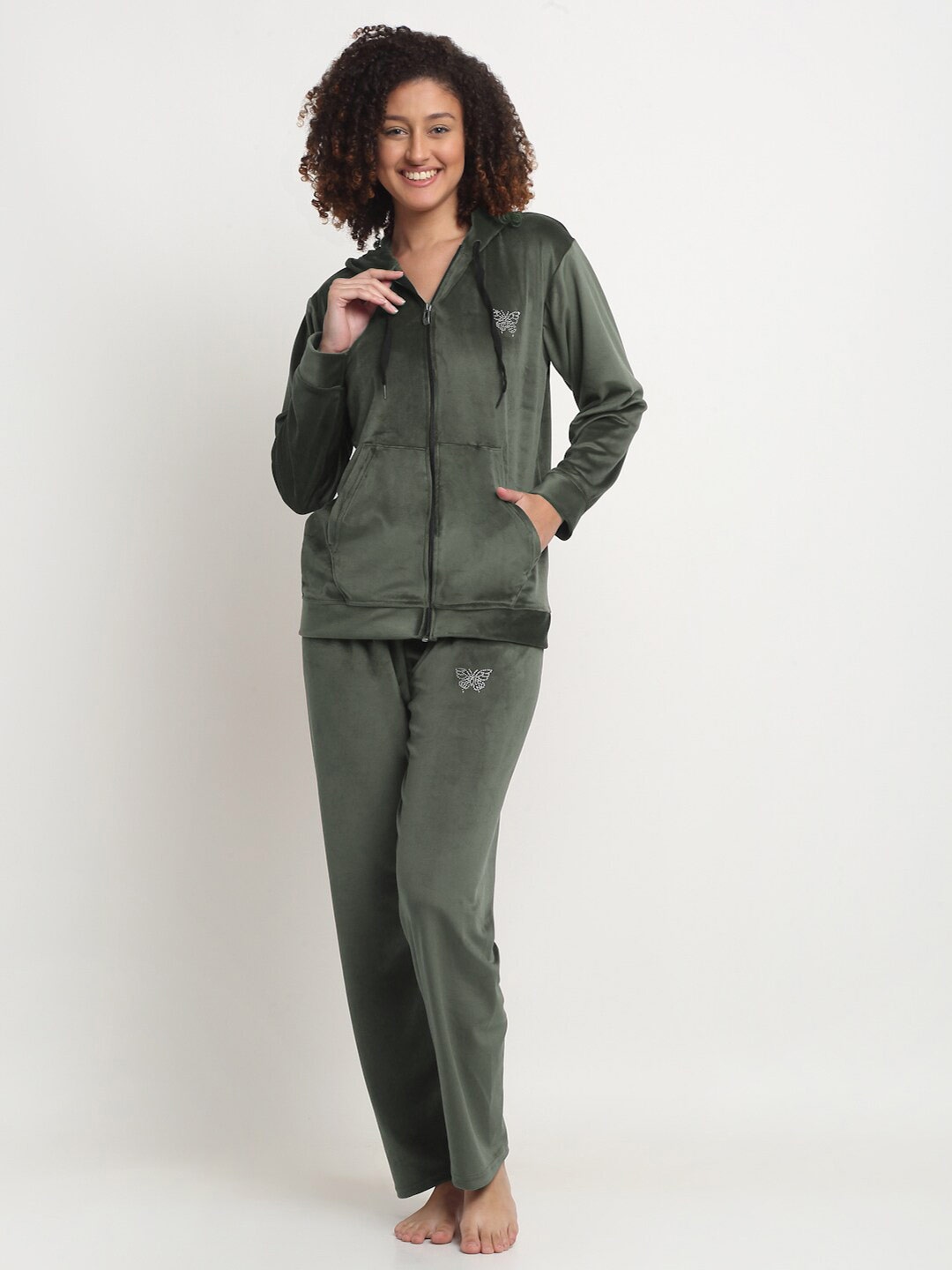 

FABINALIV Solid Hooded Velvet Zip Closure Winter Night Suit, Green