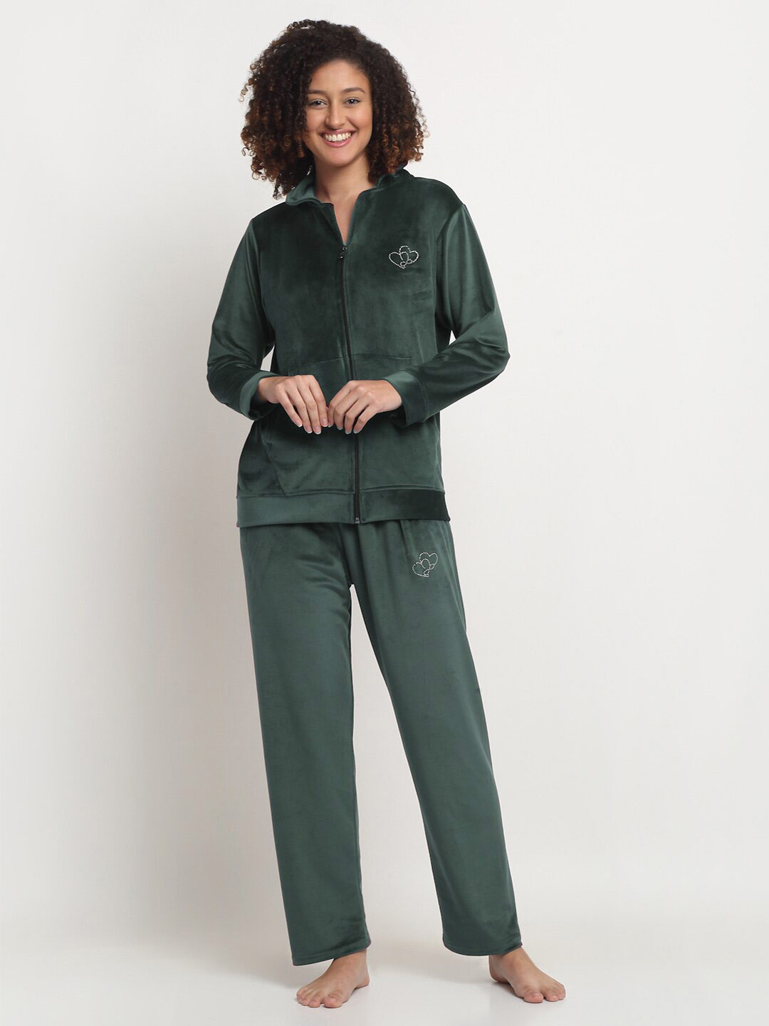 

FABINALIV Solid Velvet Zip Closure Winter Night Suit, Green