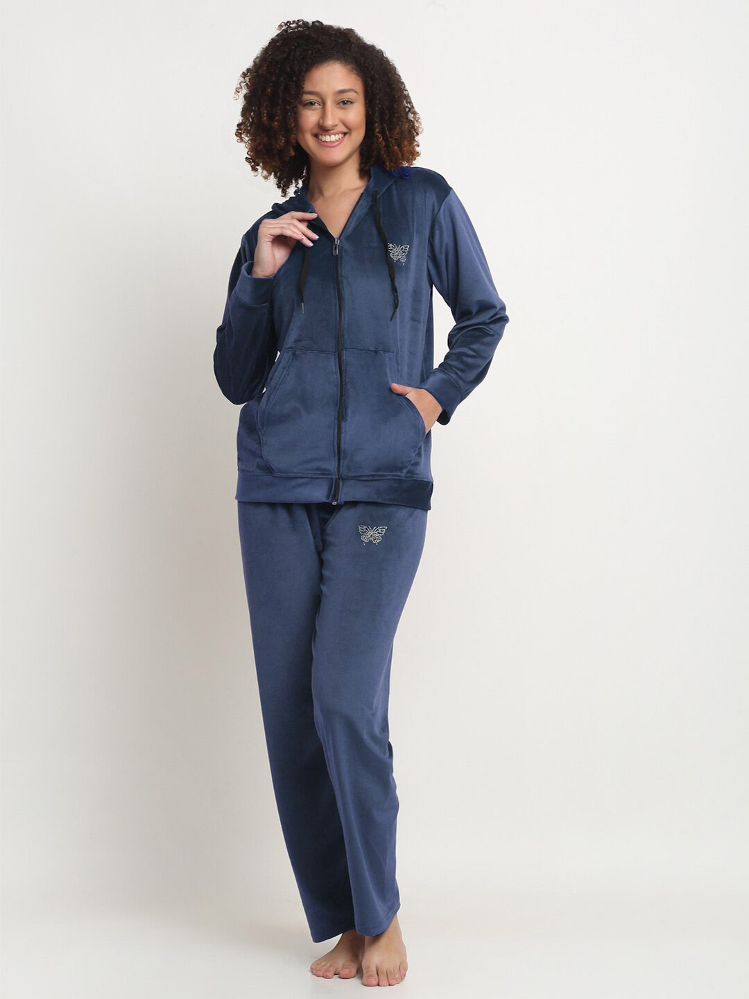 

FABINALIV Women Solid Hooded Velvet Winter Night Suit, Blue
