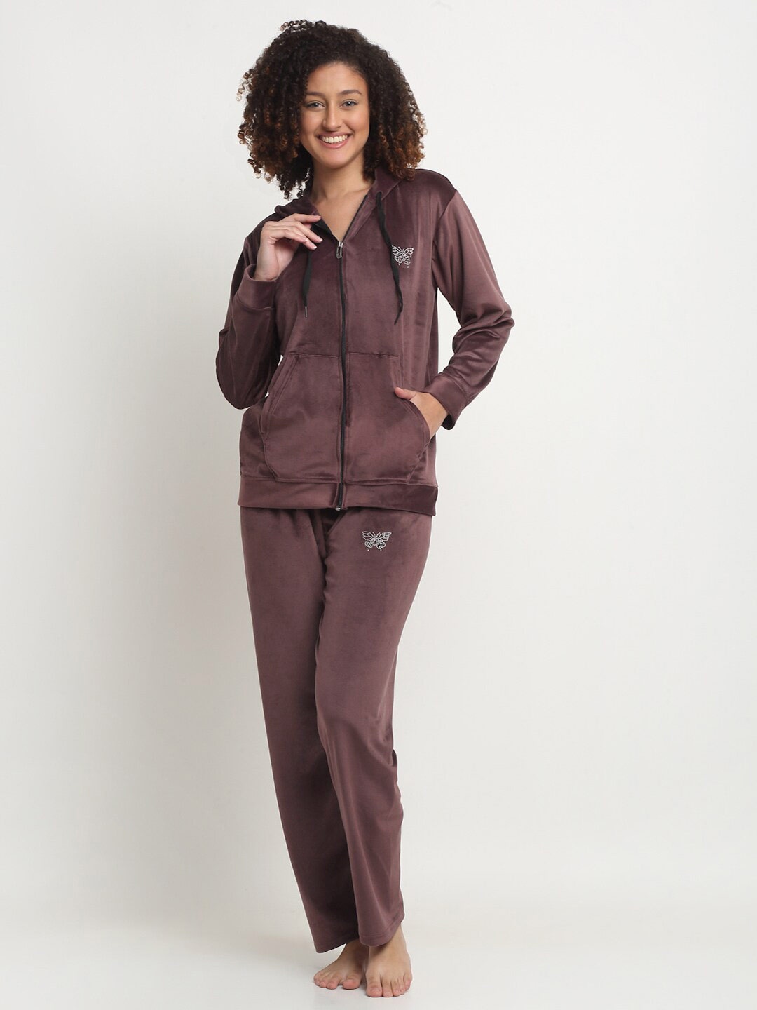 

FABINALIV Women Solid Hooded Velvet Winter Night Suit, Brown