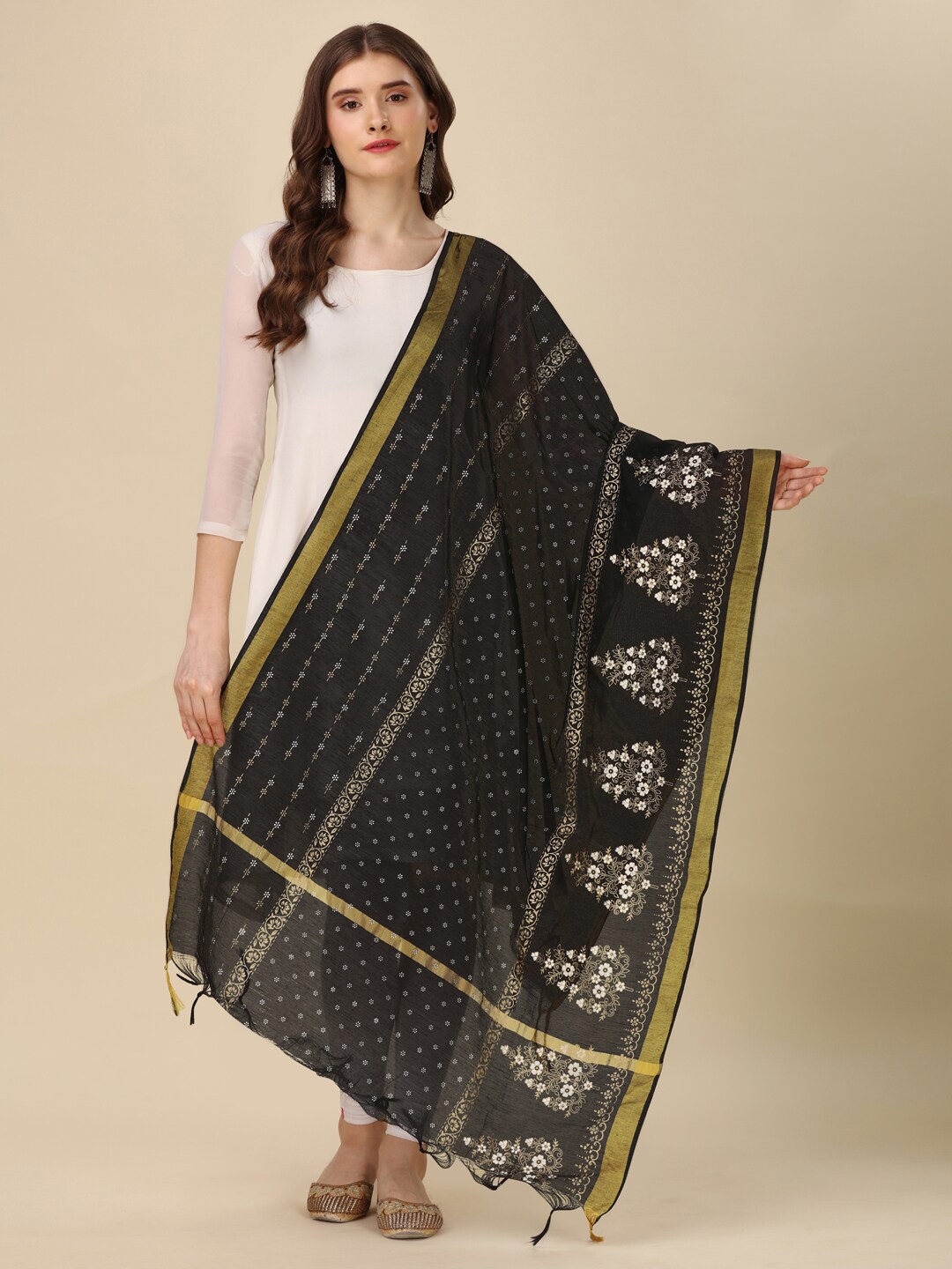 

CANIZZARO Ethnic Motifs Block Printed Chanderi Dupatta, Black