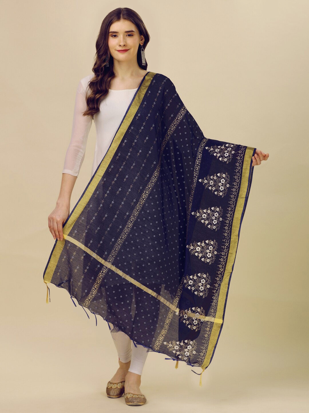 

CANIZZARO Ethnic Motifs Printed Chanderi Block Print Dupatta, Blue