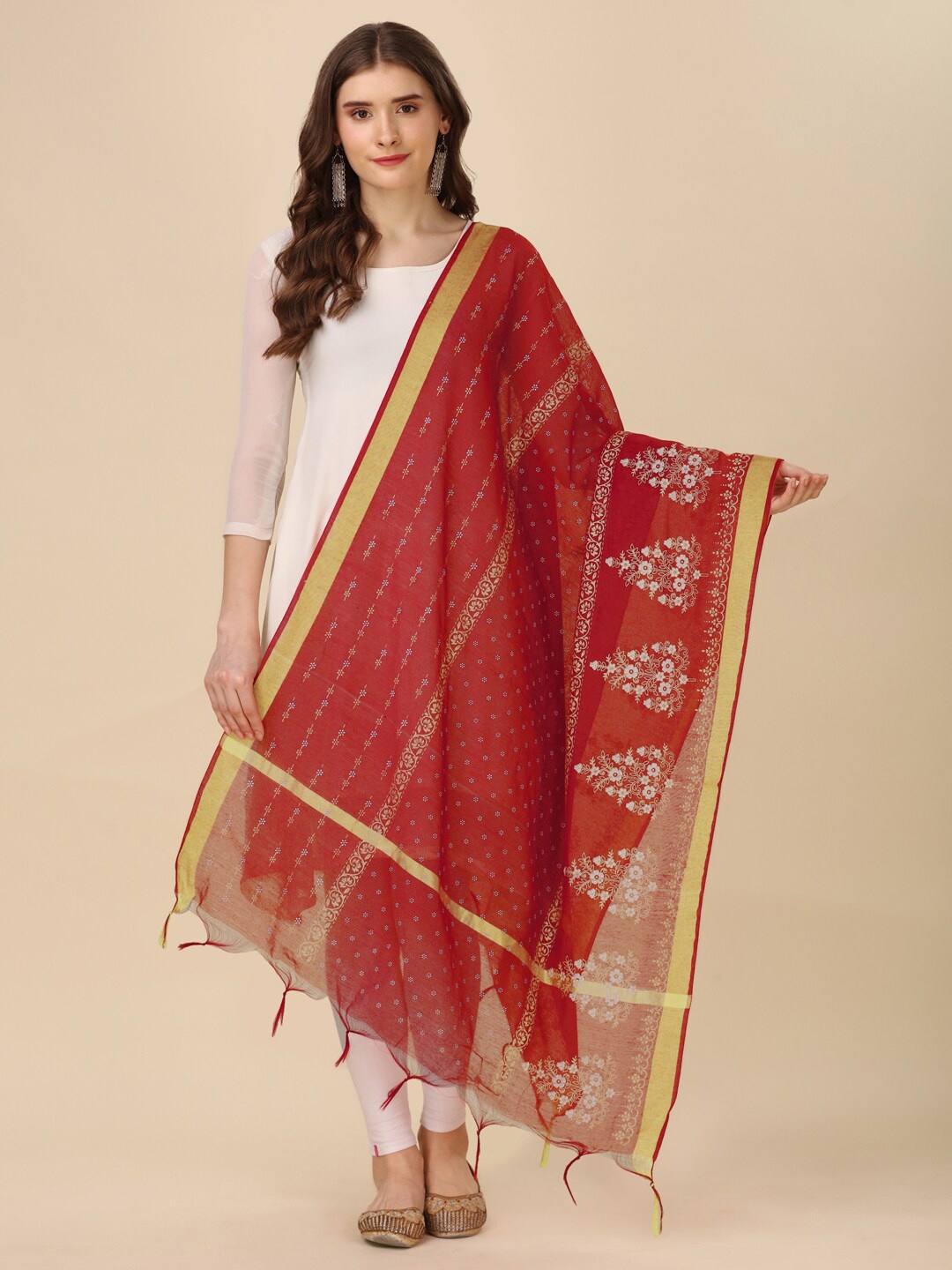 

CANIZZARO Ethnic Motifs Printed Chanderi Block Print Dupatta, Red