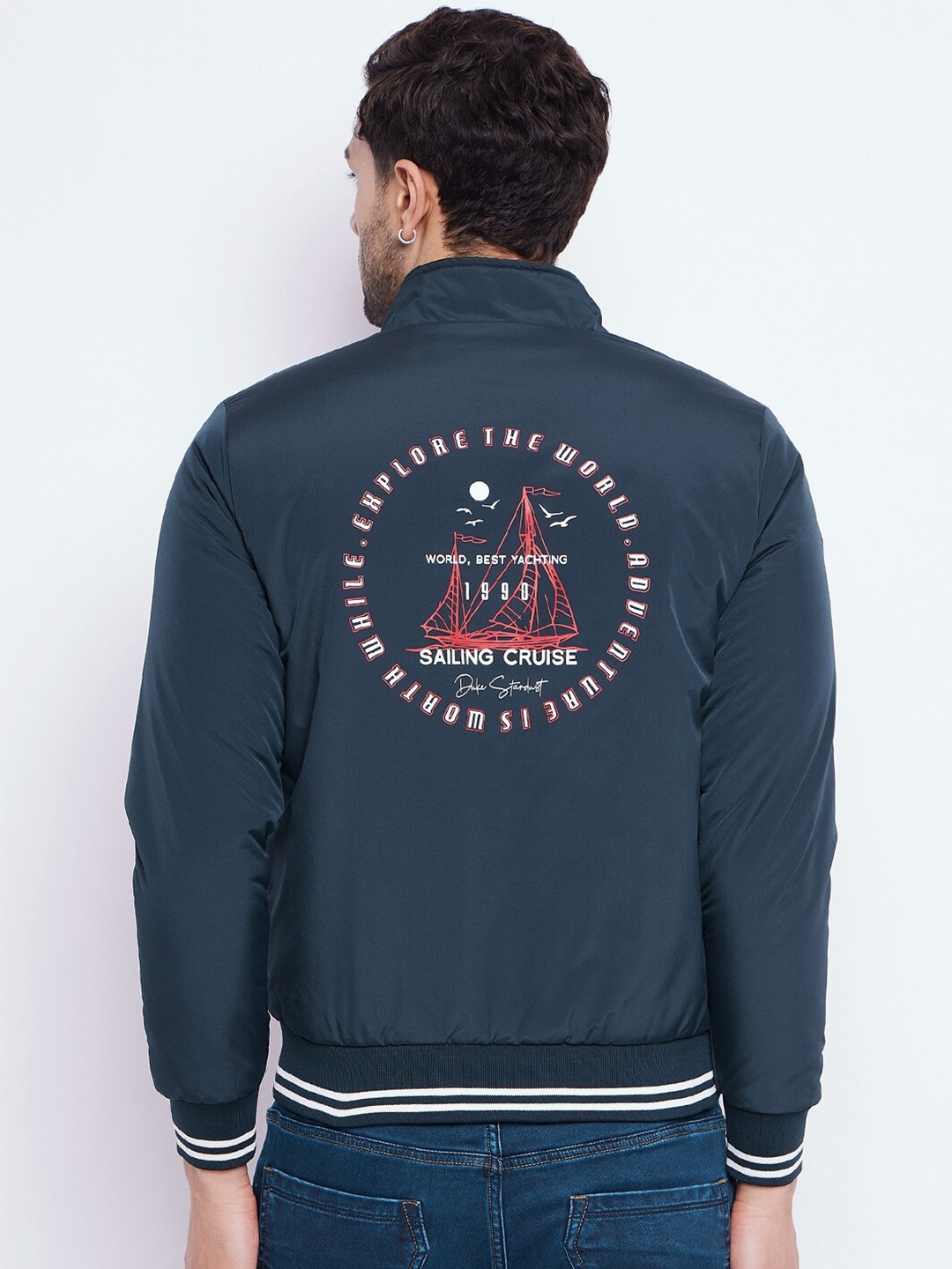 

Duke Typography Printed Stand Collar Bomber Jacket, Navy blue