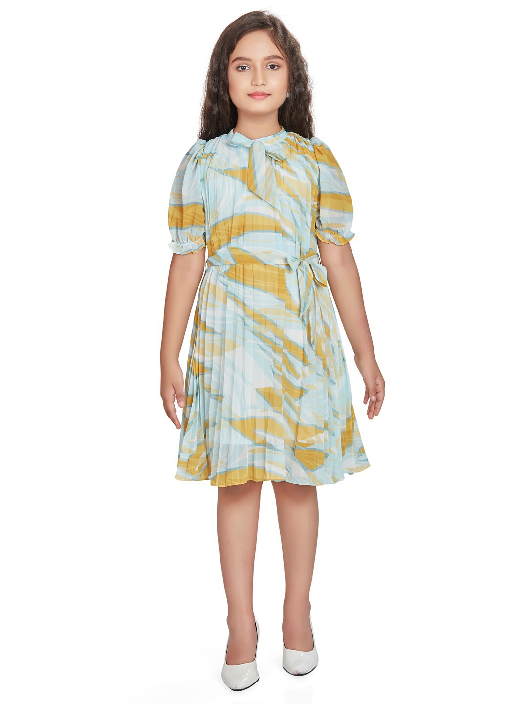 

Peppermint Girl Striped Printed High Neck Fit & Flare Flared Dress, Mustard