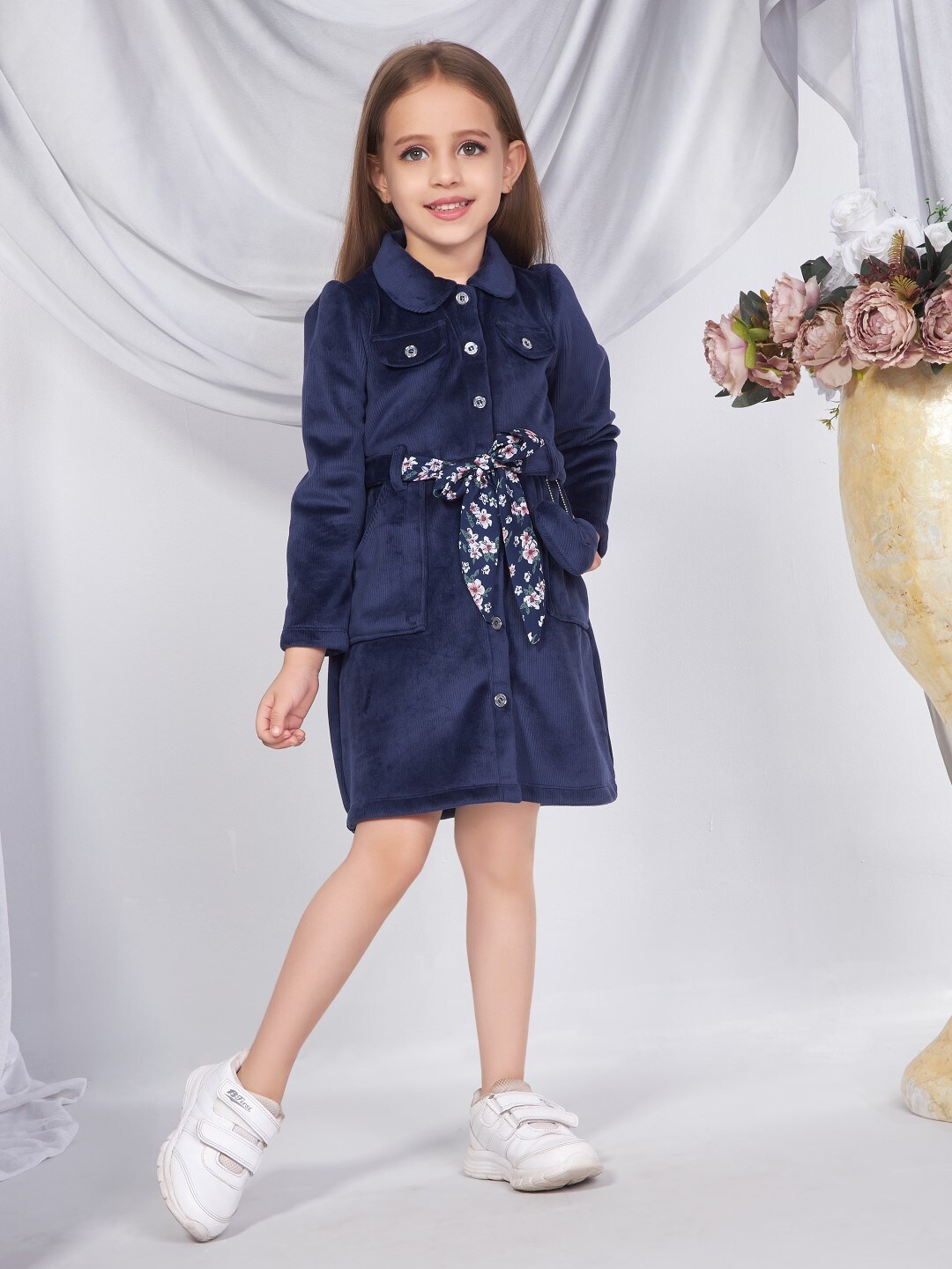 

Peppermint Girls Shirt Collar A-Line Dress, Navy blue