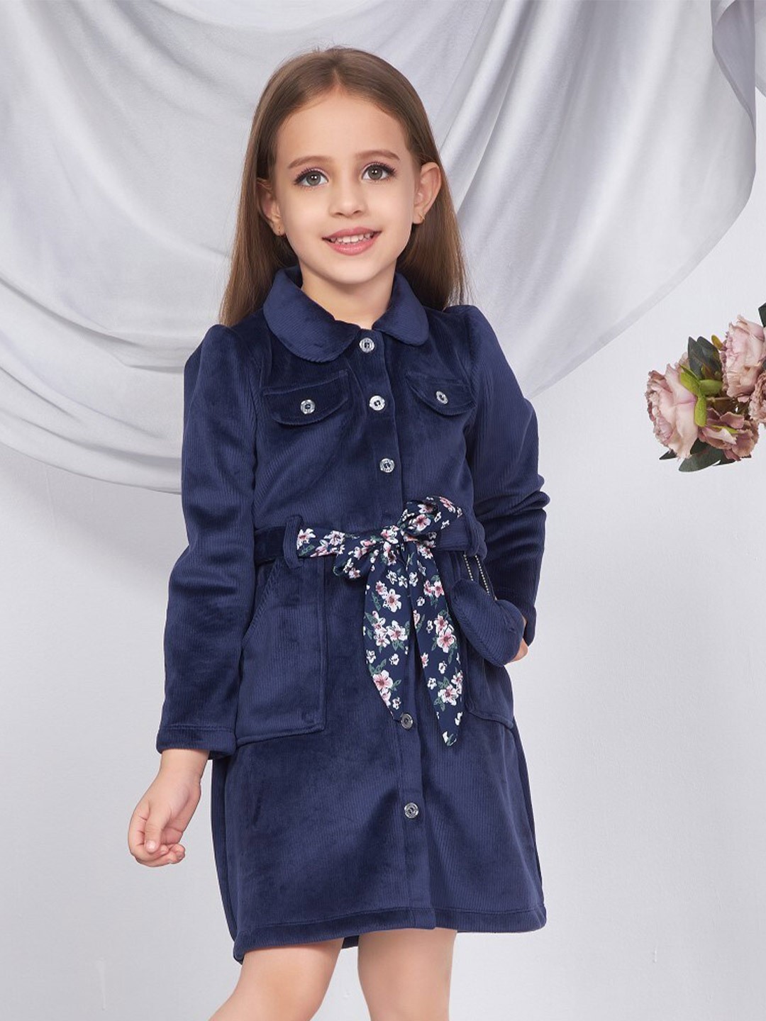 

Peppermint Girls Shirt Collar Shirt Dress, Navy blue
