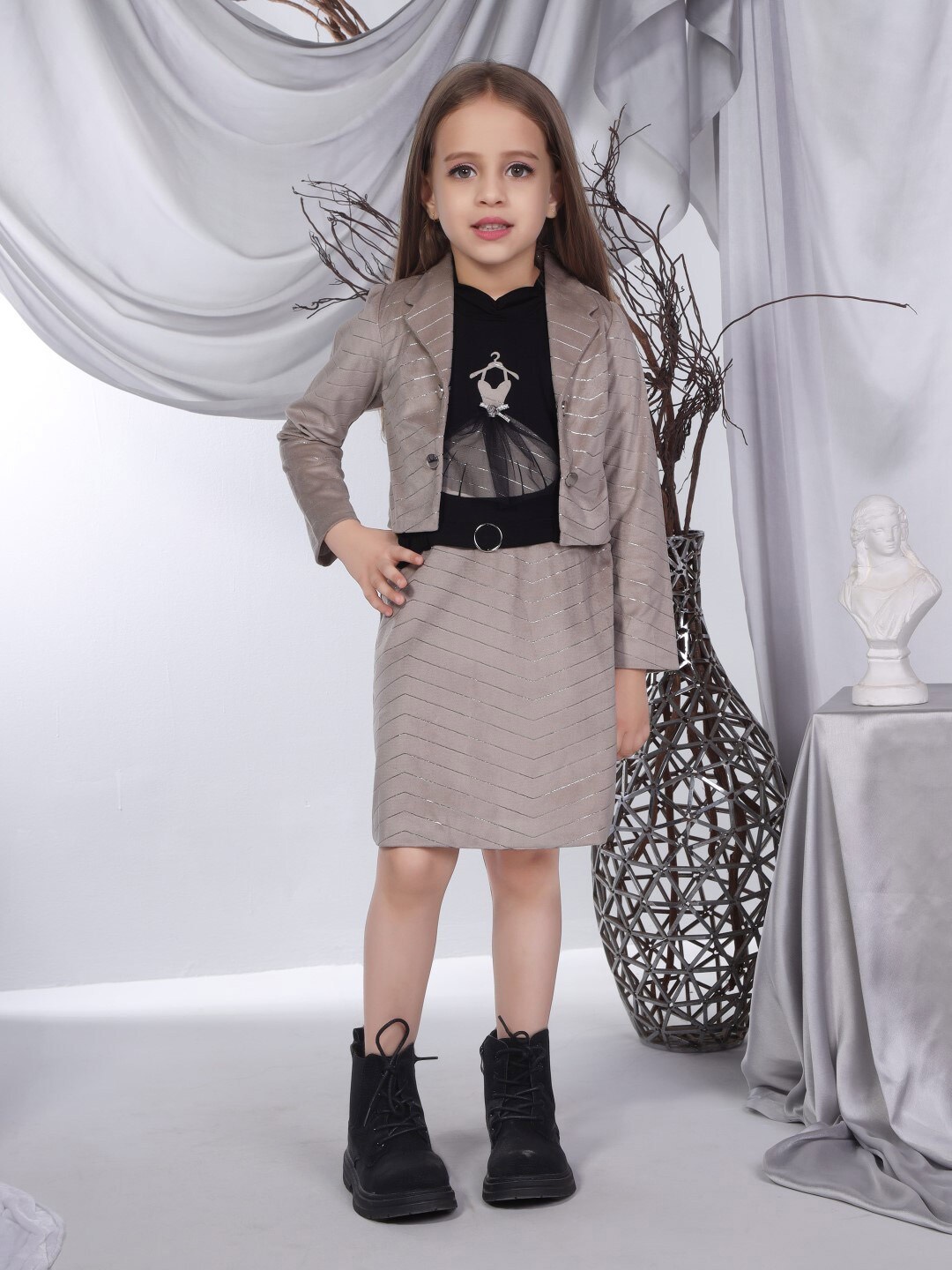 

Peppermint Girls Striped Shirt Collar Sheath Dress With Jacket, Grey