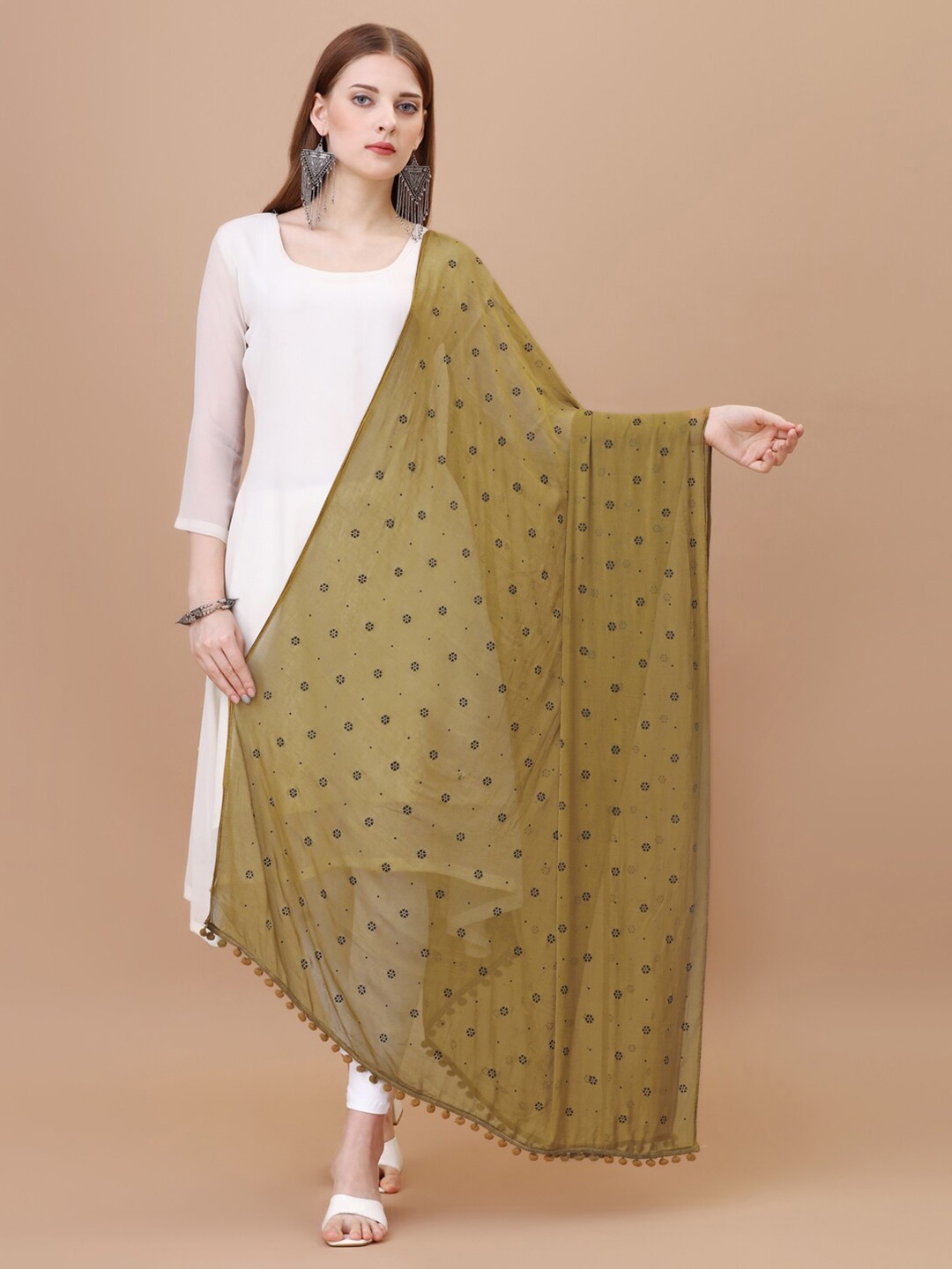 

CANIZZARO floral Printed Chiffon Pom-Pom Dupatta, Brown