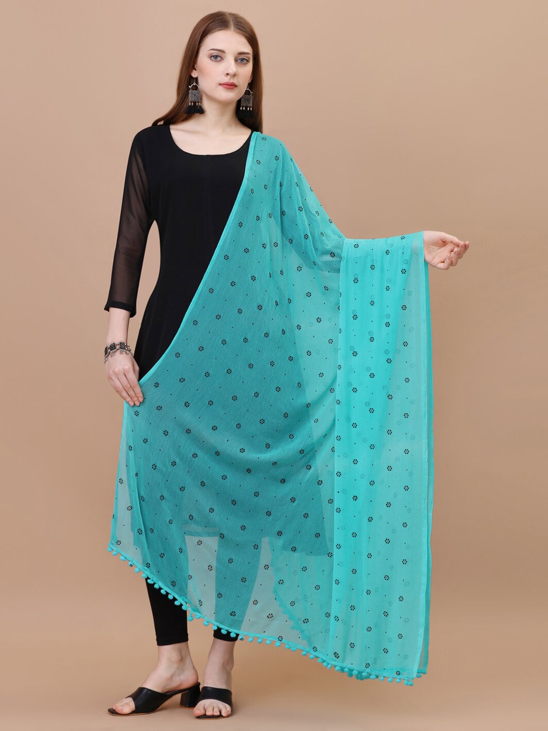 

CANIZZARO Ethnic Motifs Printed Chiffon Dupatta With Pom-Pom Border, Blue