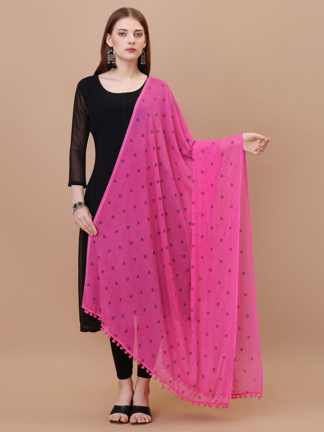 

CANIZZARO Ethnic Motifs Printed Chiffon Dupatta With Pom-Pom Border, Pink