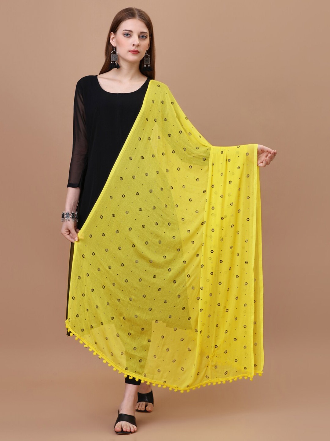 

CANIZZARO Ethnic Motifs Printed Chiffon Dupatta With Pom-Pom Border, Lime green
