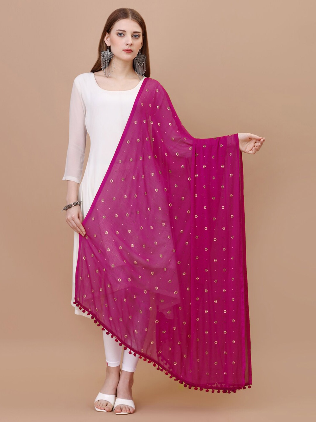 

CANIZZARO Ethnic Motifs Printed Chiffon Dupatta With Pom-Pom Border, Mauve