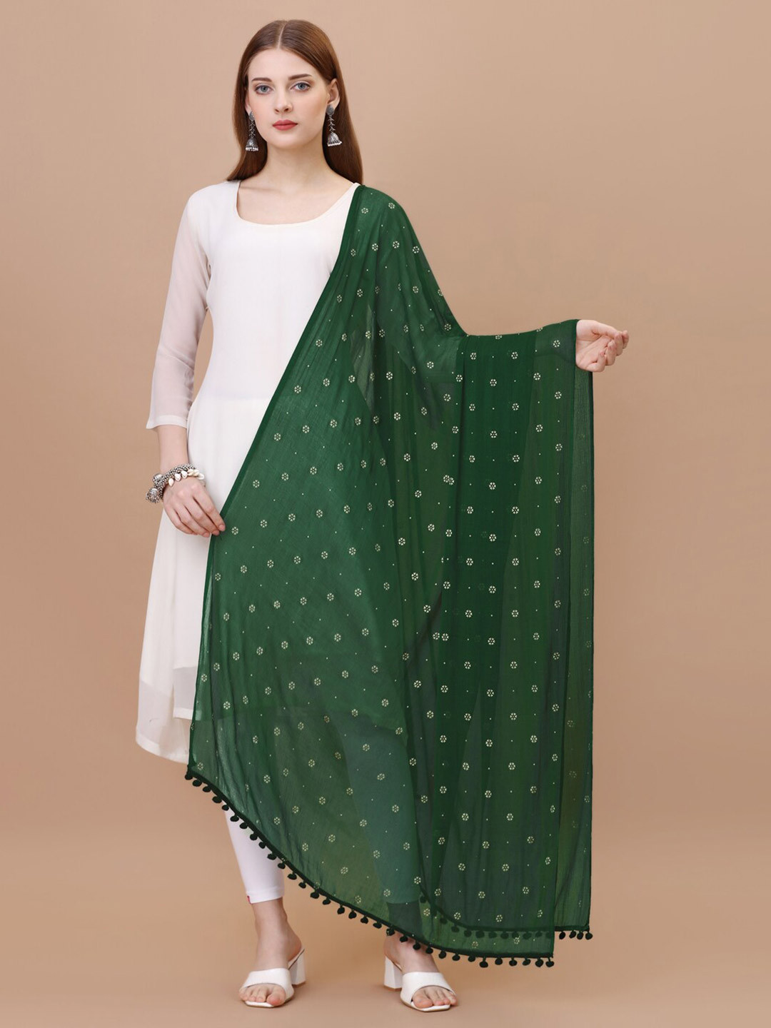 

CANIZZARO Ethnic Motifs Printed Chiffon Dupatta With Pom-Pom Border, Green