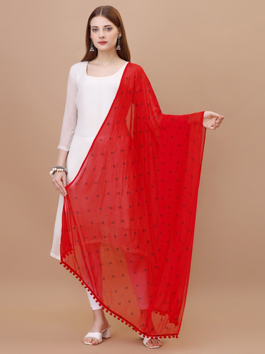 

CANIZZARO Floral Printed Dupatta, Red