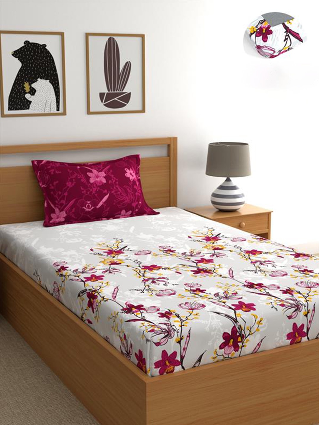

Dreamscape Floral Printed Cotton 140 TC Single Fitted Bedsheet with 1 Pillow Cover, Pink