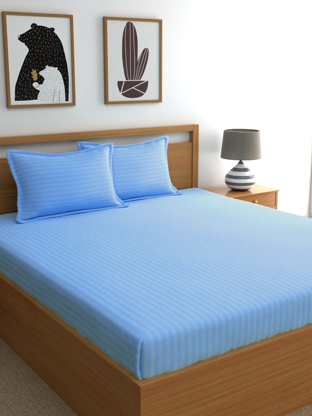 

Dreamscape Blue Striped Cotton 210 TC King Bedsheet with 2 Pillow Covers