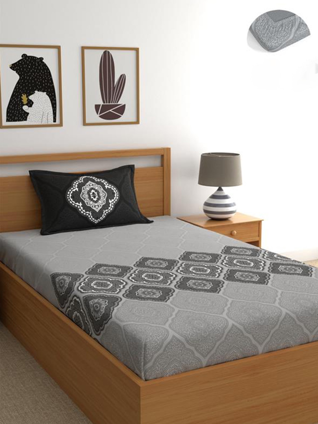 

Dreamscape Grey Ethnic Motifs Cotton 140 TC Single Fitted Bedsheet With 1 Pillow Cover