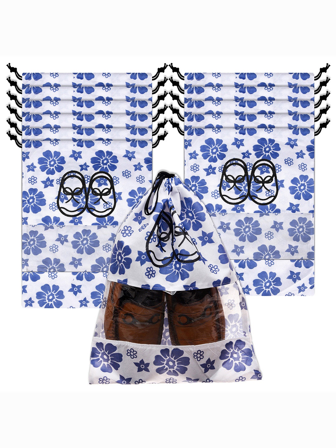 

Kuber Industries White & Blue 12 Pieces Floral Printed Shoe Organisers