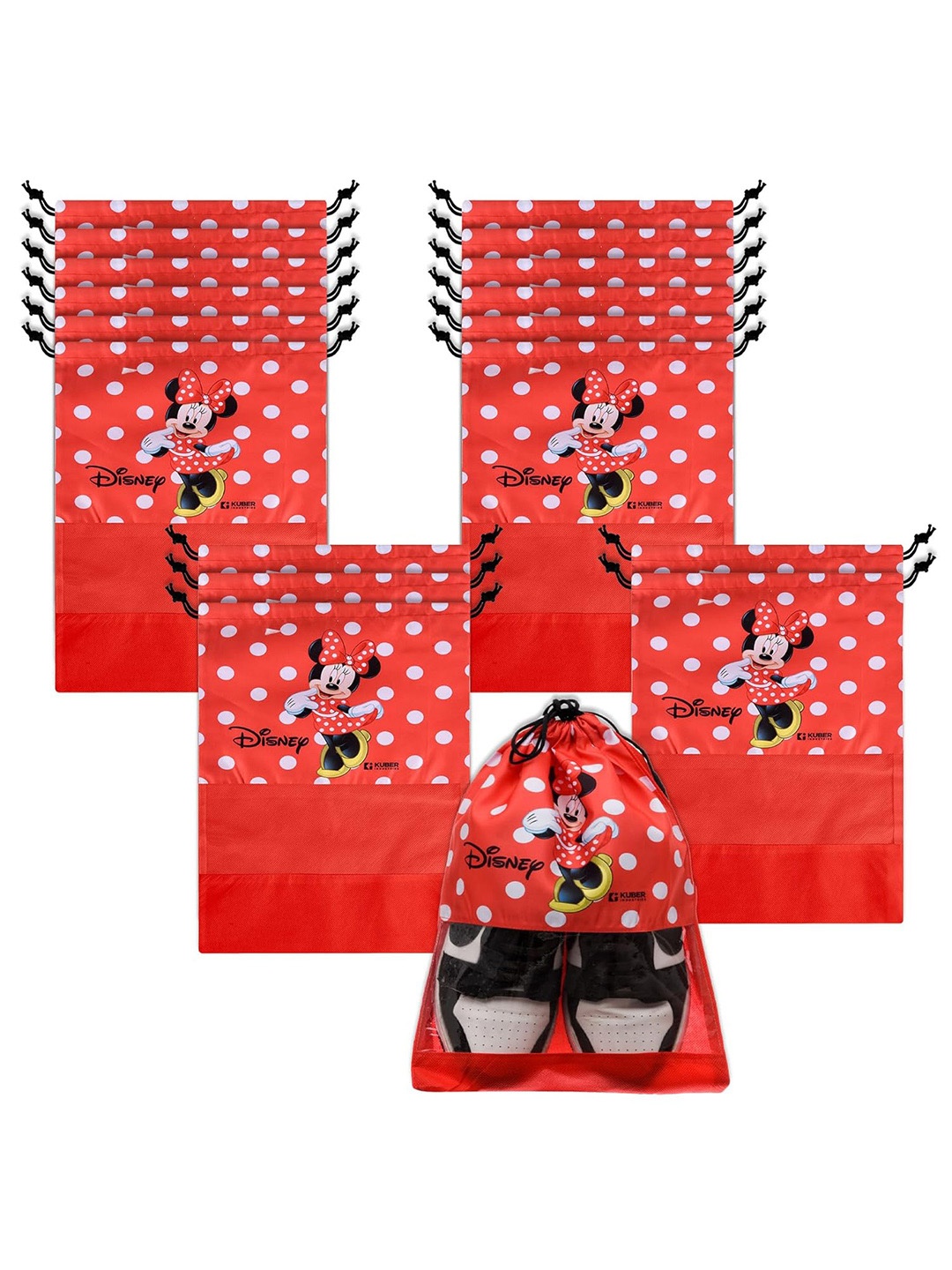 

Kuber Industries Pack of 18 Minnie Mouse Printed Shoe Organizers With Clear Window, Red