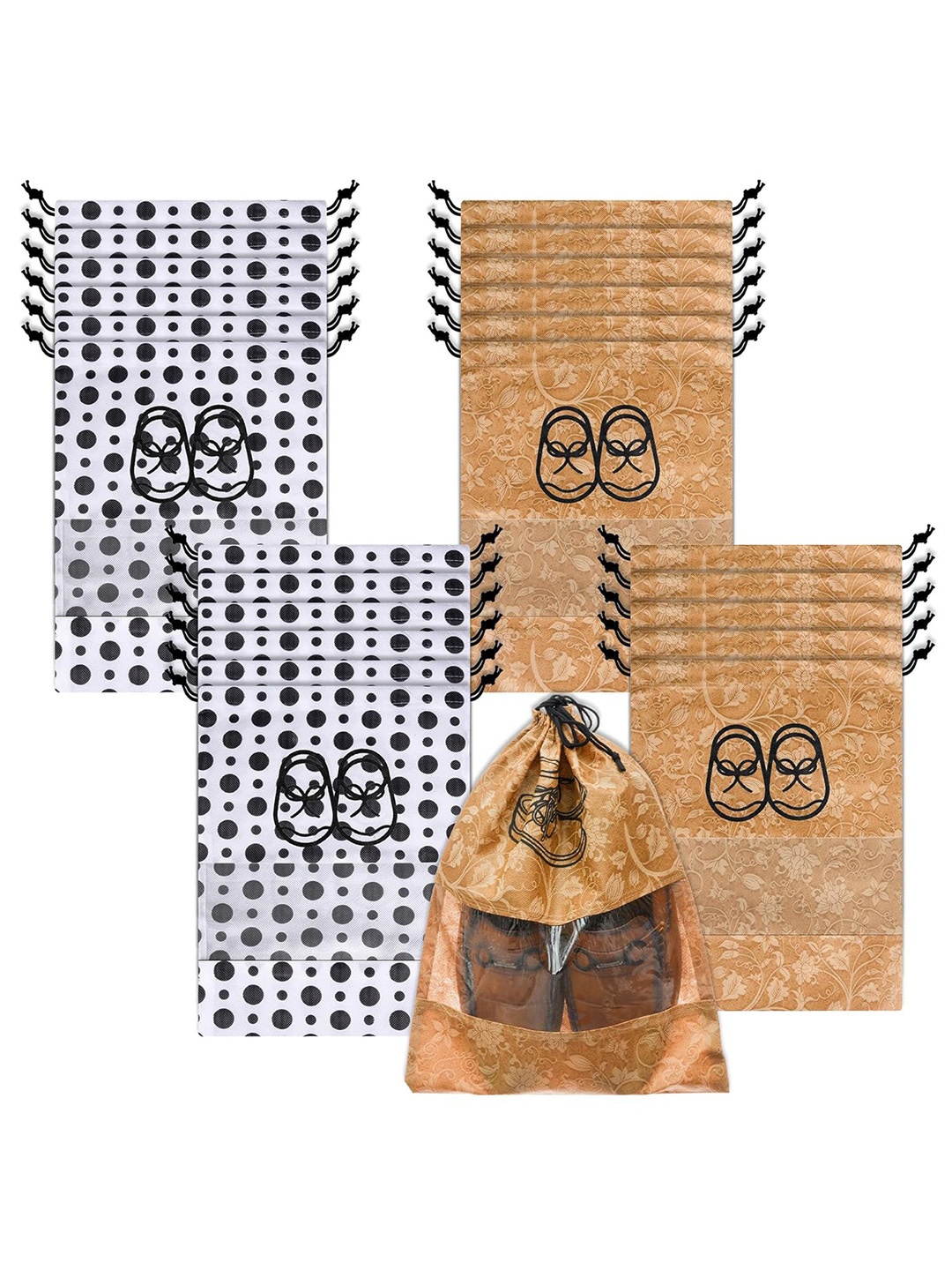 

Kuber Industries Set Of 24 Floral Printed Waterproof Shoe Bags With Clear Window, Brown