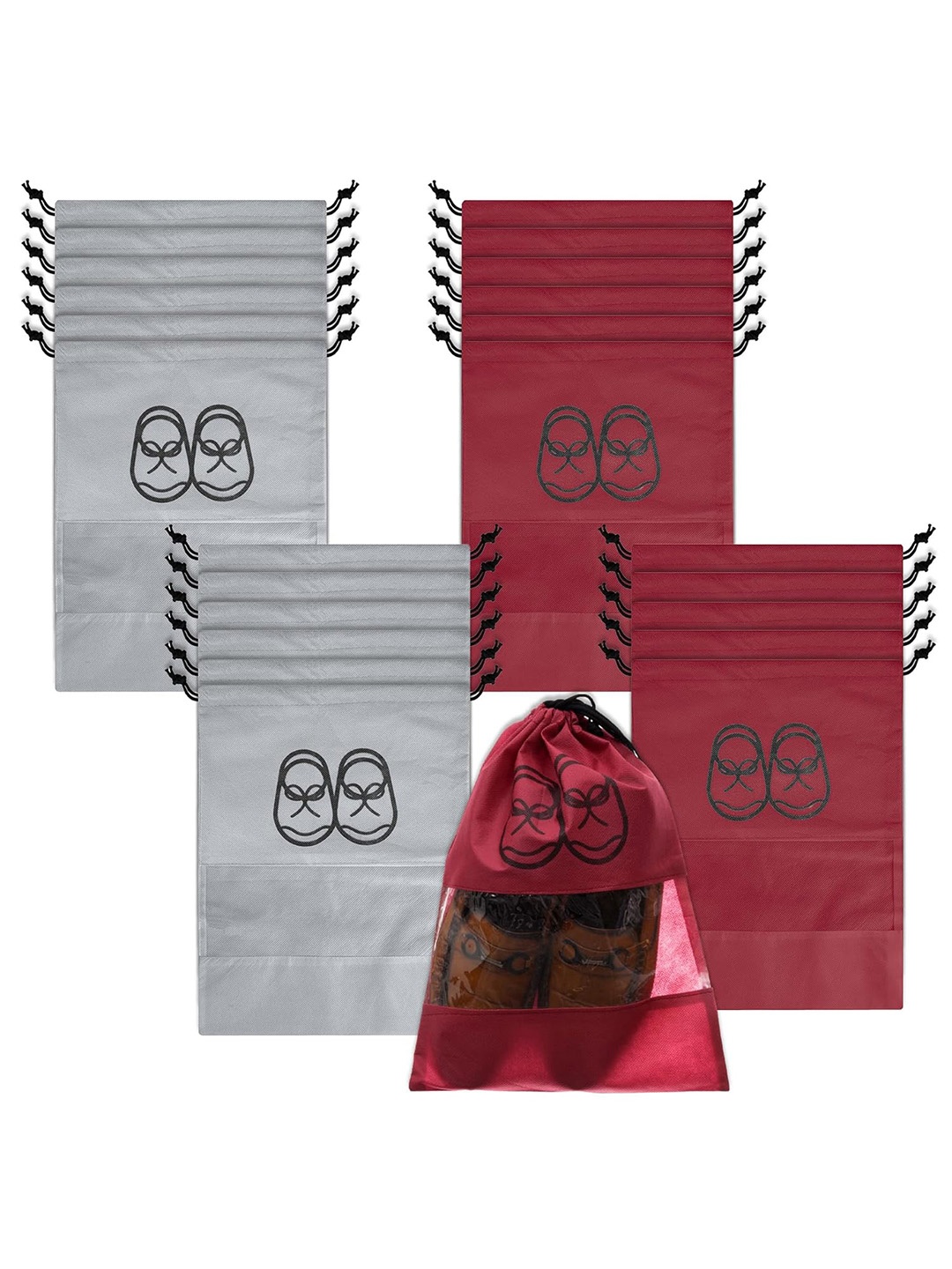 

Kuber Industries Pack of 24 Waterproof Shoe Bags with Clear Window, Red