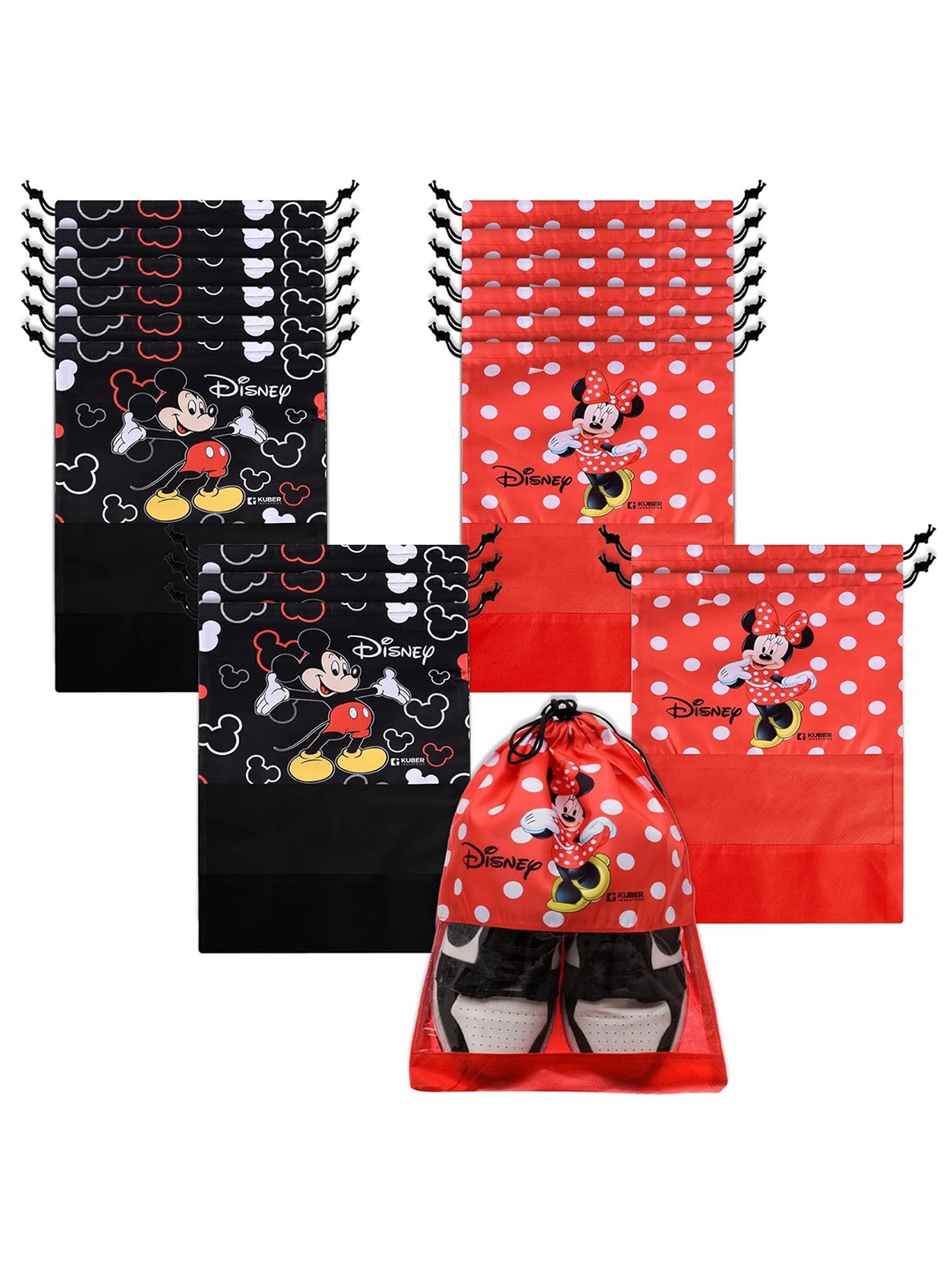 

Kuber Industries Pack of 18 Minnie Mouse Printed Waterproof Shoe Bags with Clear Window, Red