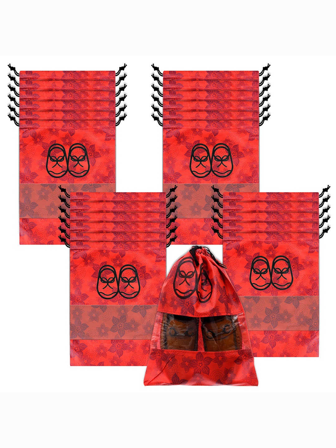 

Kuber Industries Red 24 Pieces Floral Print Shoe Organizer with Clear window