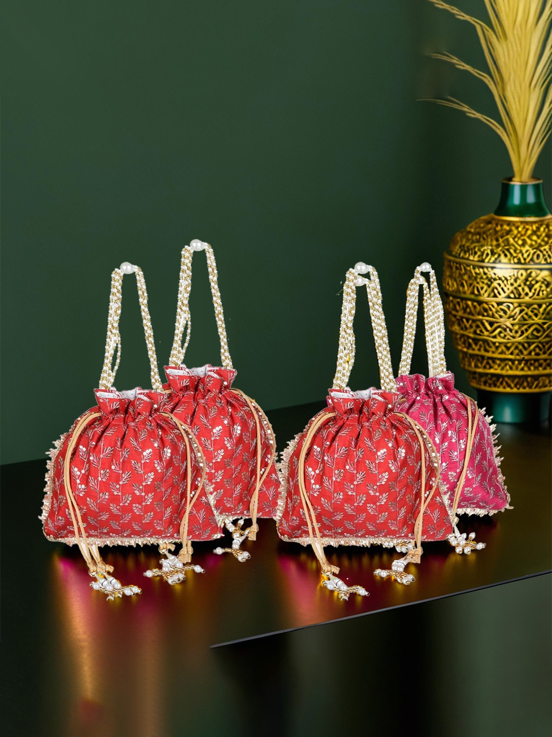 

Kuber Industries Red 4 Pieces Potli Jewellery Organisers