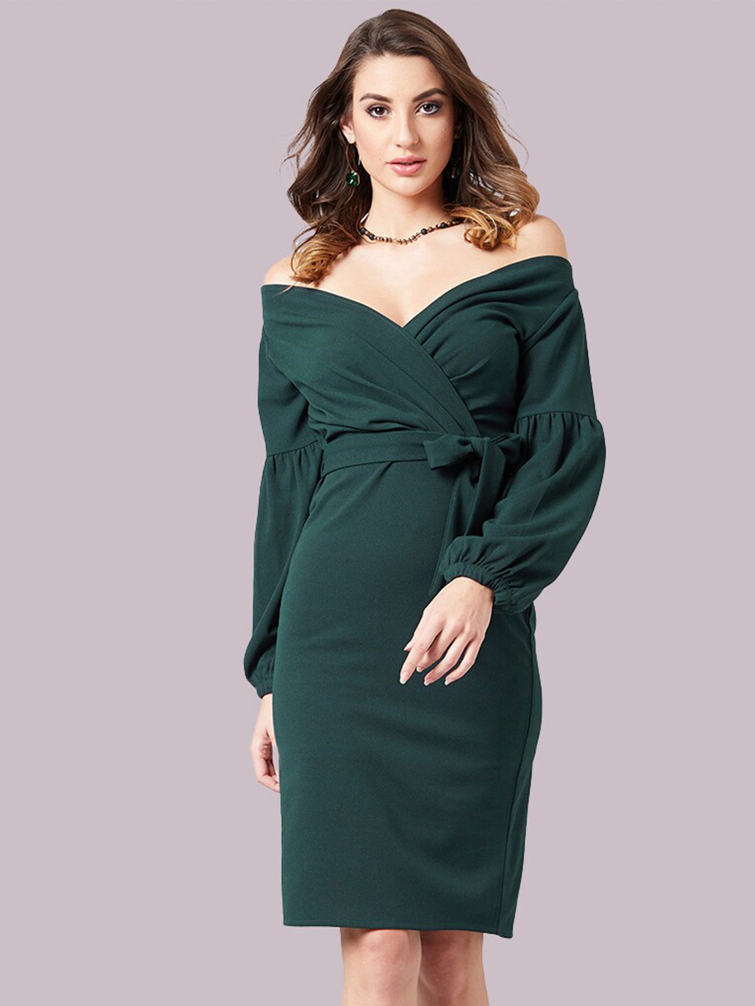 

Athena Off Shoulder Bishop Sleeve Opaque Sheath Casual Dress, Green