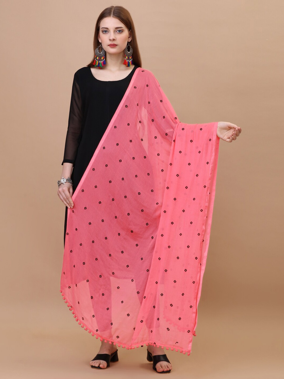 

CANIZZARO Bandhani Printed Chiffon Dupatta With Pom-Pom Border, Peach