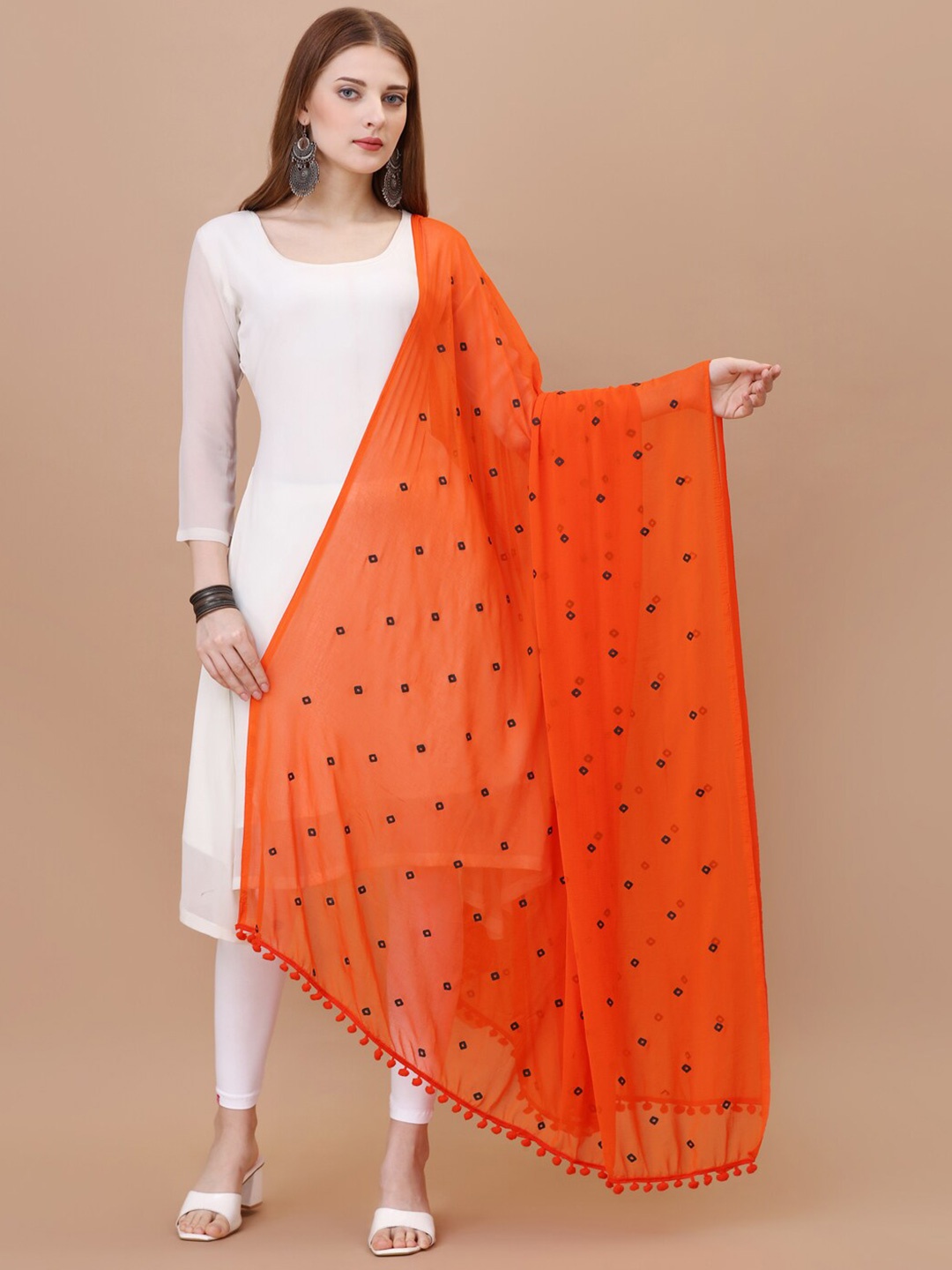 

CANIZZARO Geometric Printed Chiffon Dupatta With Pom-Pom Border, Orange