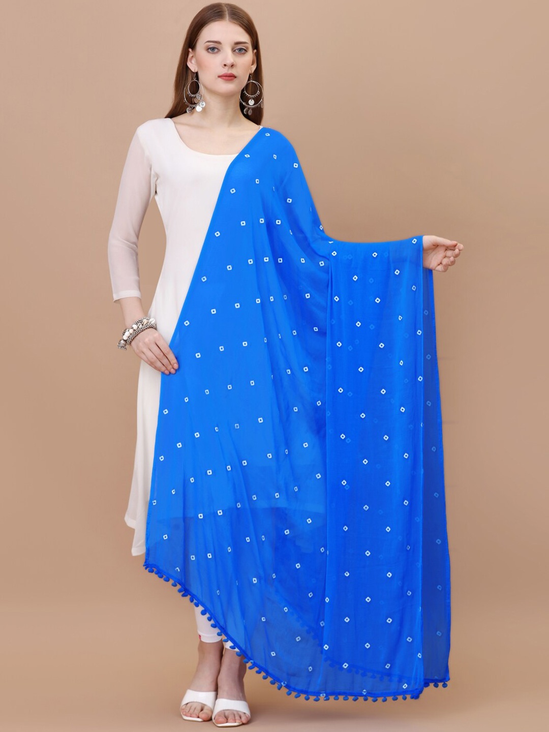 

CANIZZARO Bandhani Printed Chiffon Dupatta With Pom-Pom Border, Blue