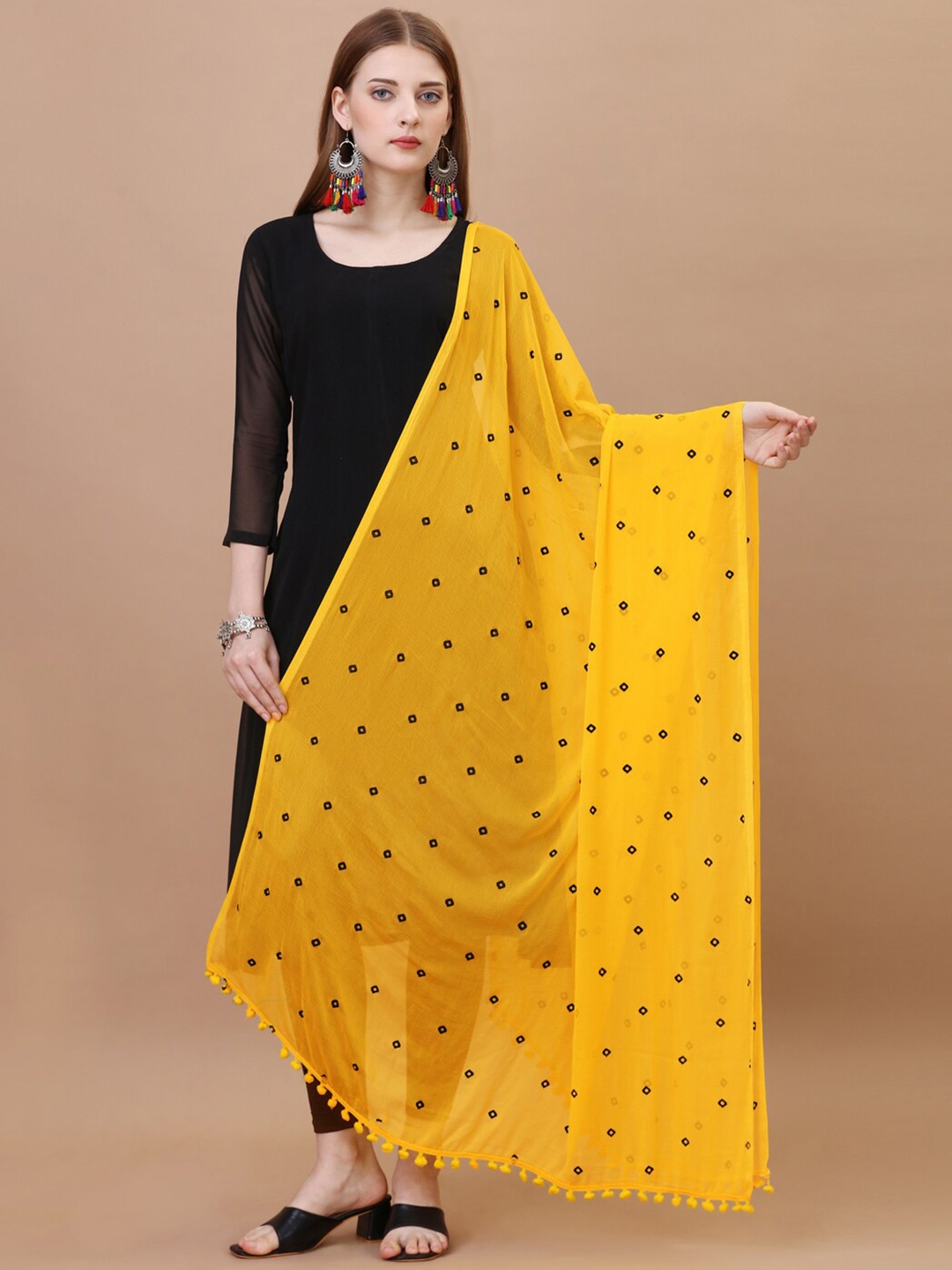 

CANIZZARO Bandhani Printed Chiffon Dupatta With Pom-Pom Border, Mustard