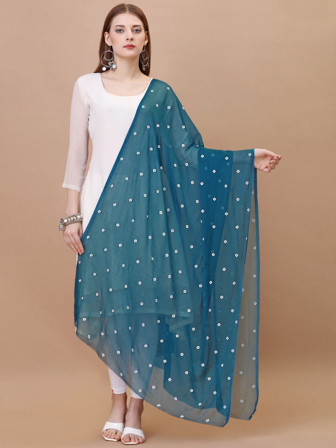 

CANIZZARO Bandhani Printed Chiffon Dupatta With Pom-Pom Border, Teal