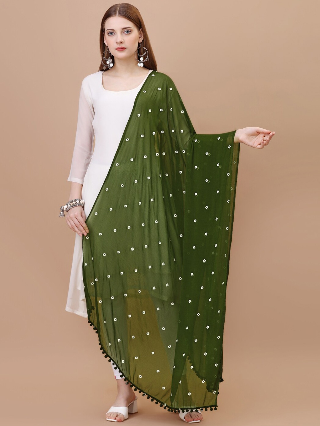 

CANIZZARO Bandhani Printed Chiffon Dupatta With Pom-Pom Border, Green