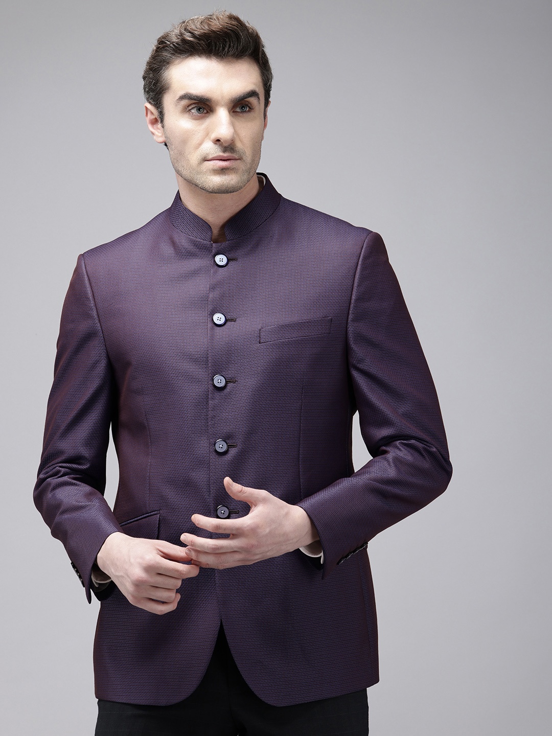 

Van Heusen Self Designed Long Sleeves Slim-Fit Bandhgala Blazer, Brown