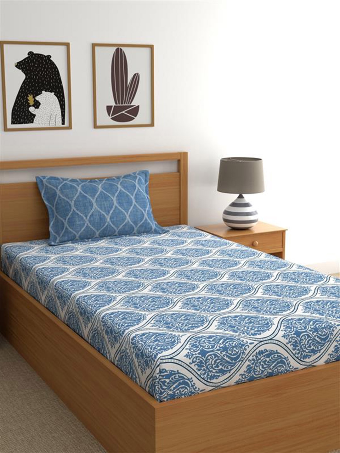 

Home Ecstasy Blue Ethnic Motifs Cotton Fitted 140 TC Single Bedsheet 1 Pillow Cover