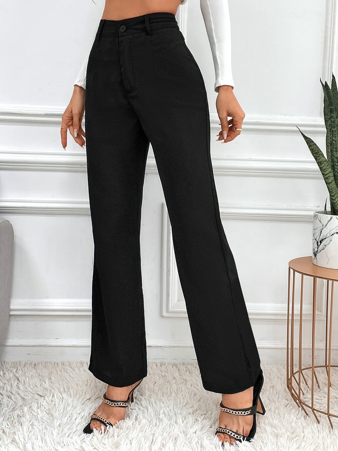 

Visit Wear Women High-Rise Pleated Parallel Trousers, Black