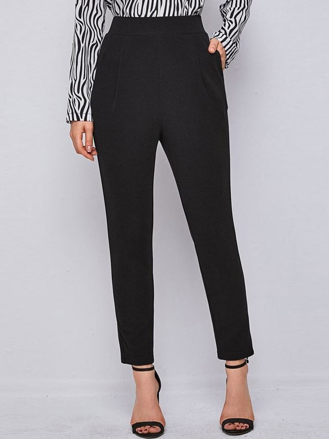 

Visit Wear Women High-Rise Pleated Peg Trousers, Black