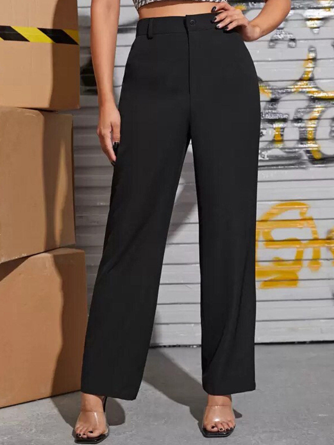 

Visit Wear Women High-Rise Pleated Trousers, Black