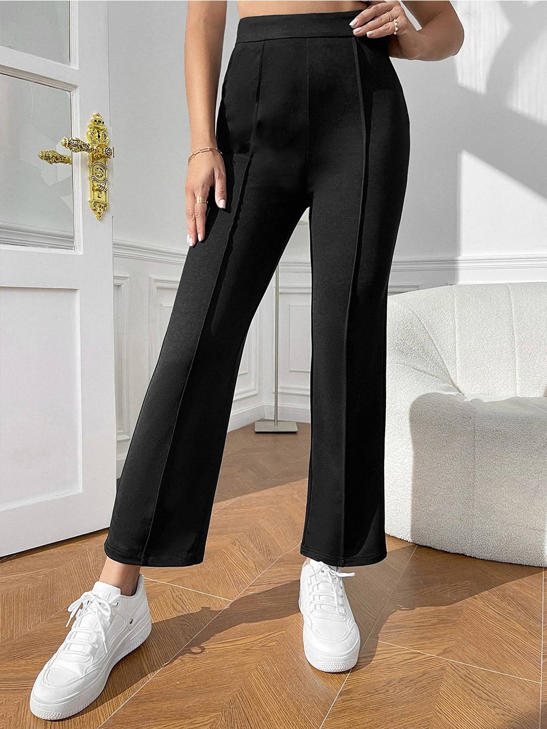 

Visit Wear Women High-Rise Pleated Bootcut Trousers, Black