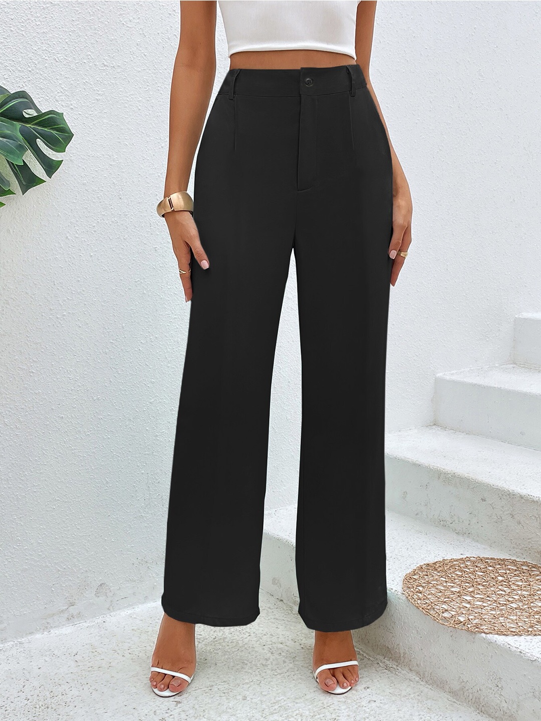 

Visit Wear Women High-Rise Pleated Parallel Trousers, Black