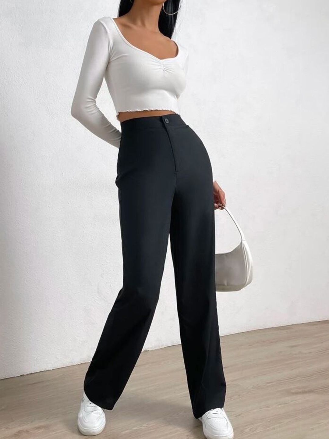 

Visit Wear Women Straight Fit High-Rise Pleated Parallel Trousers, Black