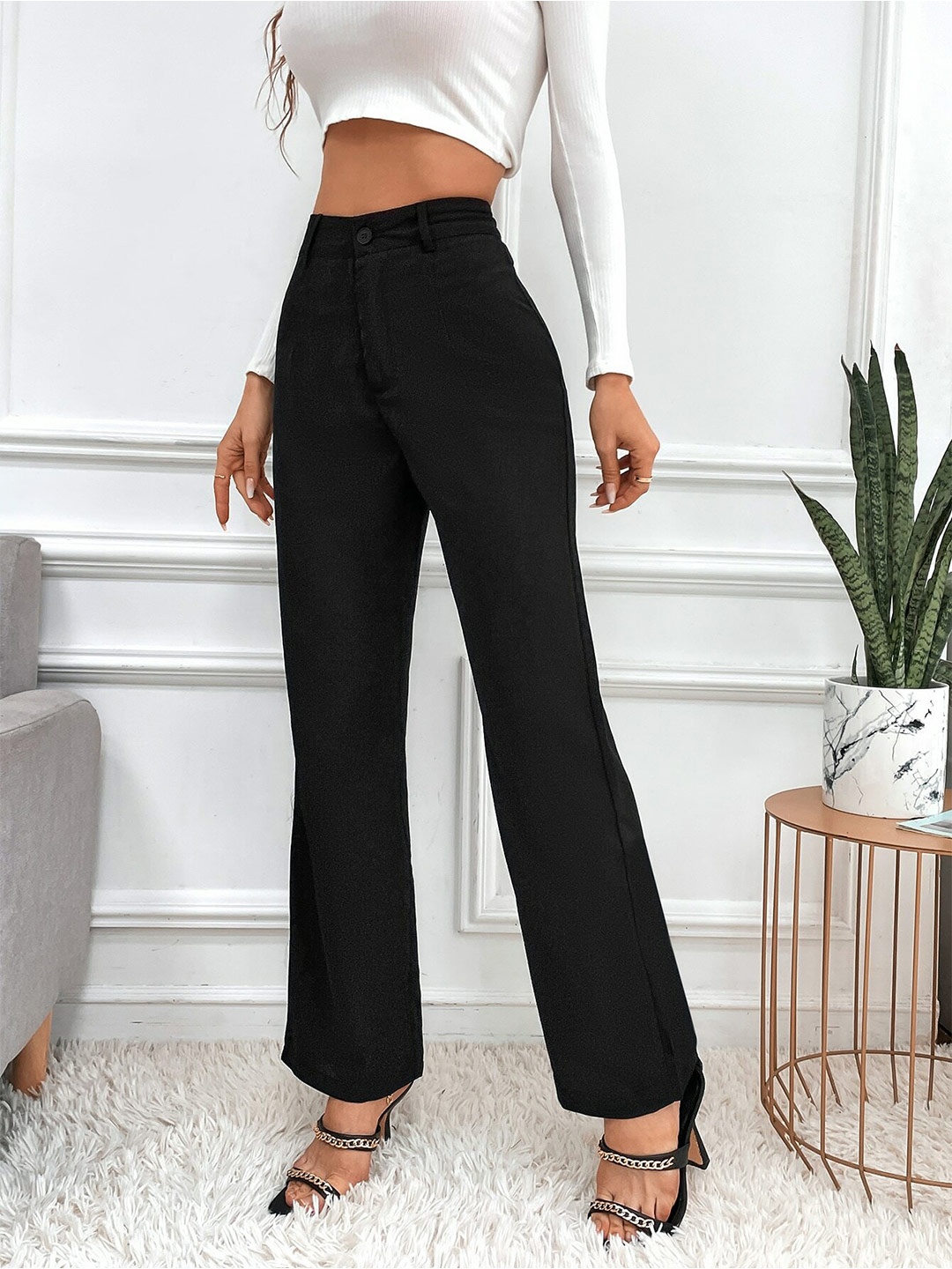 

Visit Wear Women High-Rise Parallel Trousers, Black